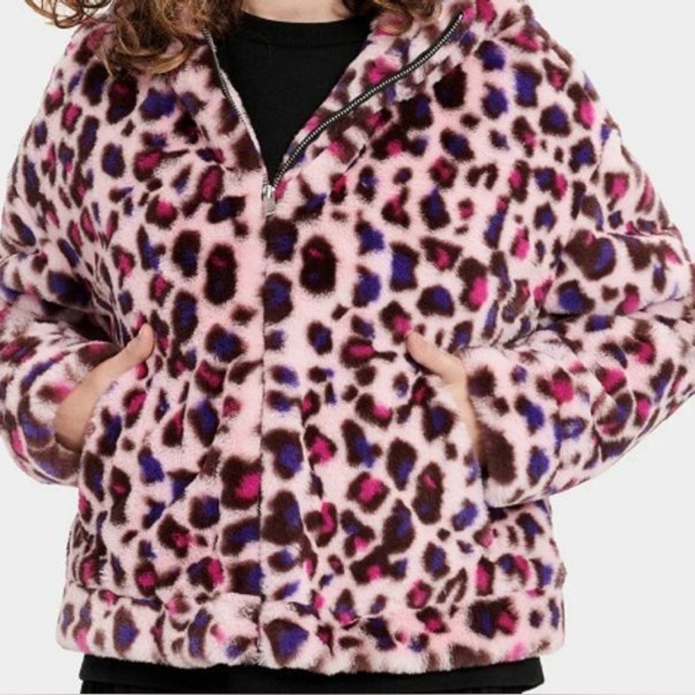 UGG MANDY Pink Leopard Faux Fur Hoodie Zippered Jacket Size Medium